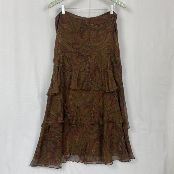 Ralph Lauren Silk Skirt Women 12 Brown Paisley Tiered Ruffle English Countryside - Picture 2 of 10